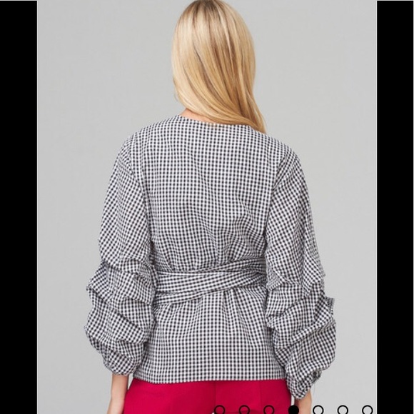 NEW Joseph Ribkoff Black/White Gingham Print Ruched Sleeve Wrap Top - Picture 2 of 12